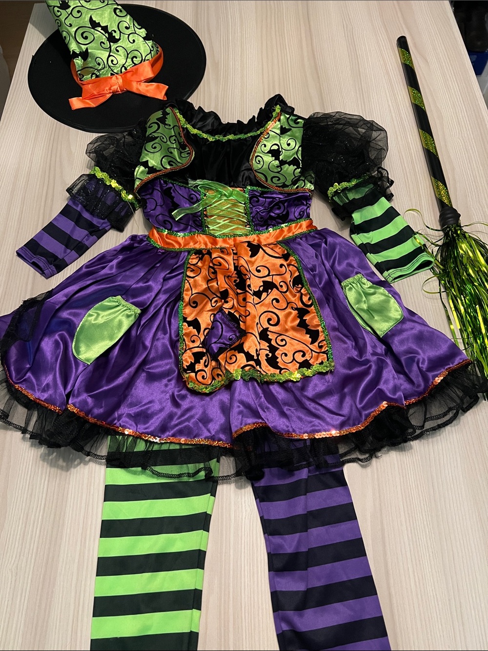 Girls' Purple Green Orange Witch Costume Dress with Hat and Broom size 5/6